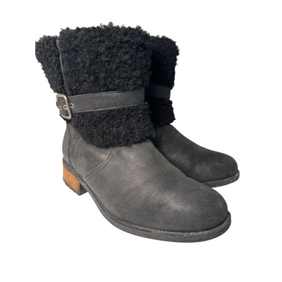 UGG Blayre II Boots Womens 8 Black Nubuck Shearling Zip Fur Trim Equestrian Fall - Picture 5 of 16